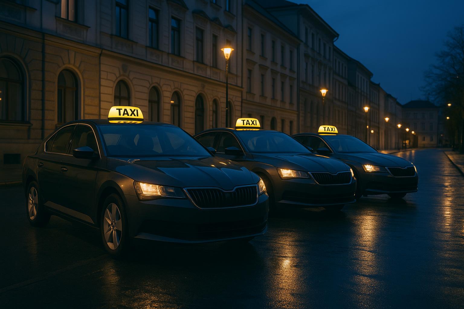 Flotila vozů taxislužby s dispečinkem TaxiCare za soumraku