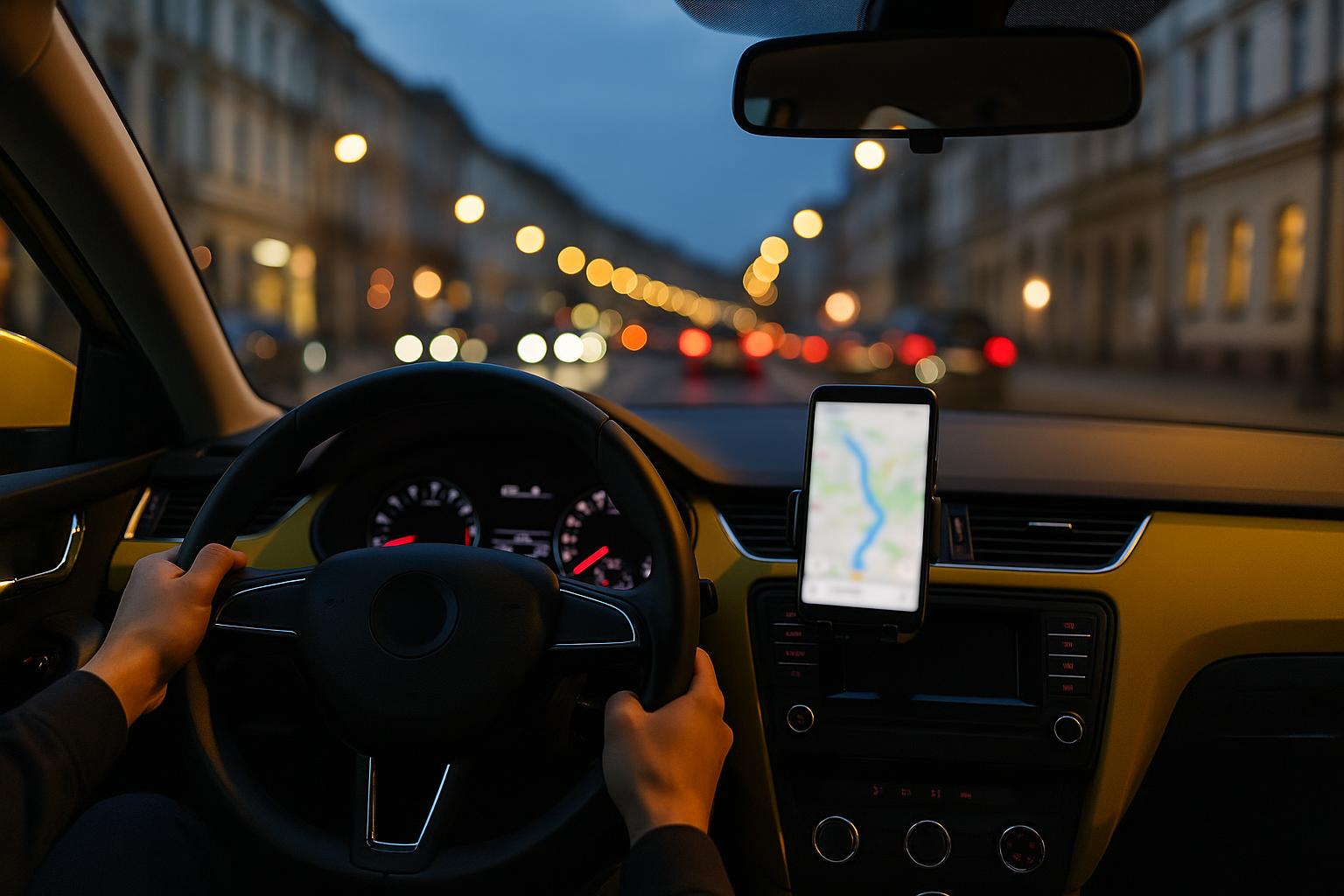 Řidič taxi s navigací v držáku telefonu za soumraku