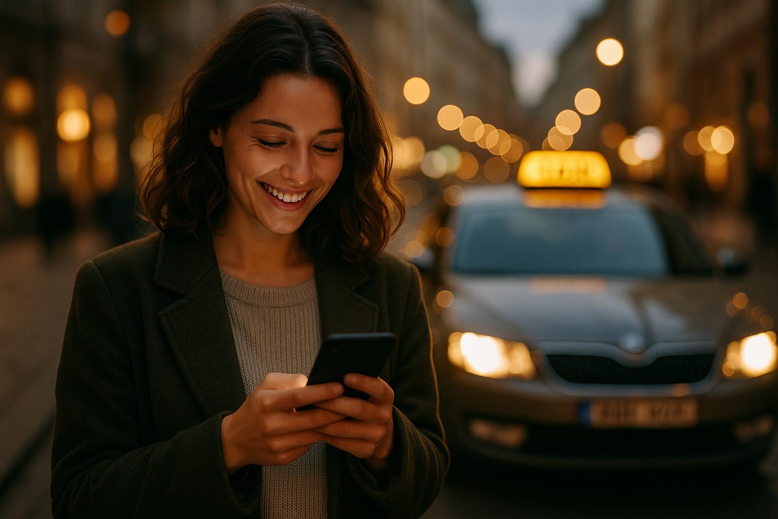 Zákaznice objednává taxi mobilní aplikací, vůz taxi přijíždí